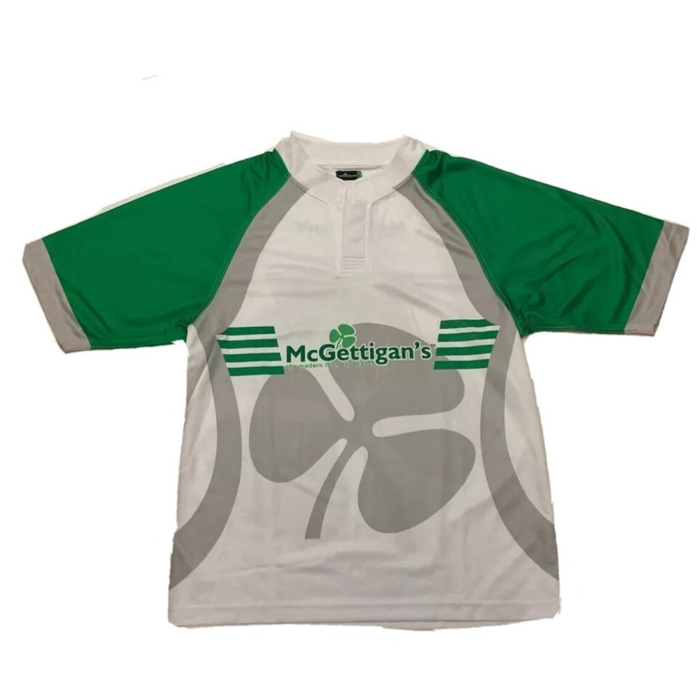 McGettigans Mens Jersey Shirt L White Green Shamrock Clover Short Sleeve Henley - Picture 1 of 7